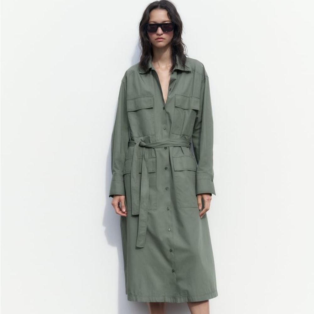 New with tags Zara shirt dress belted waist green pockets button up